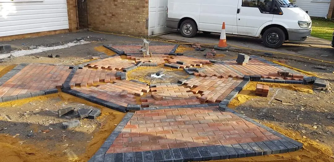 Block paving feature with cut blocks in progress