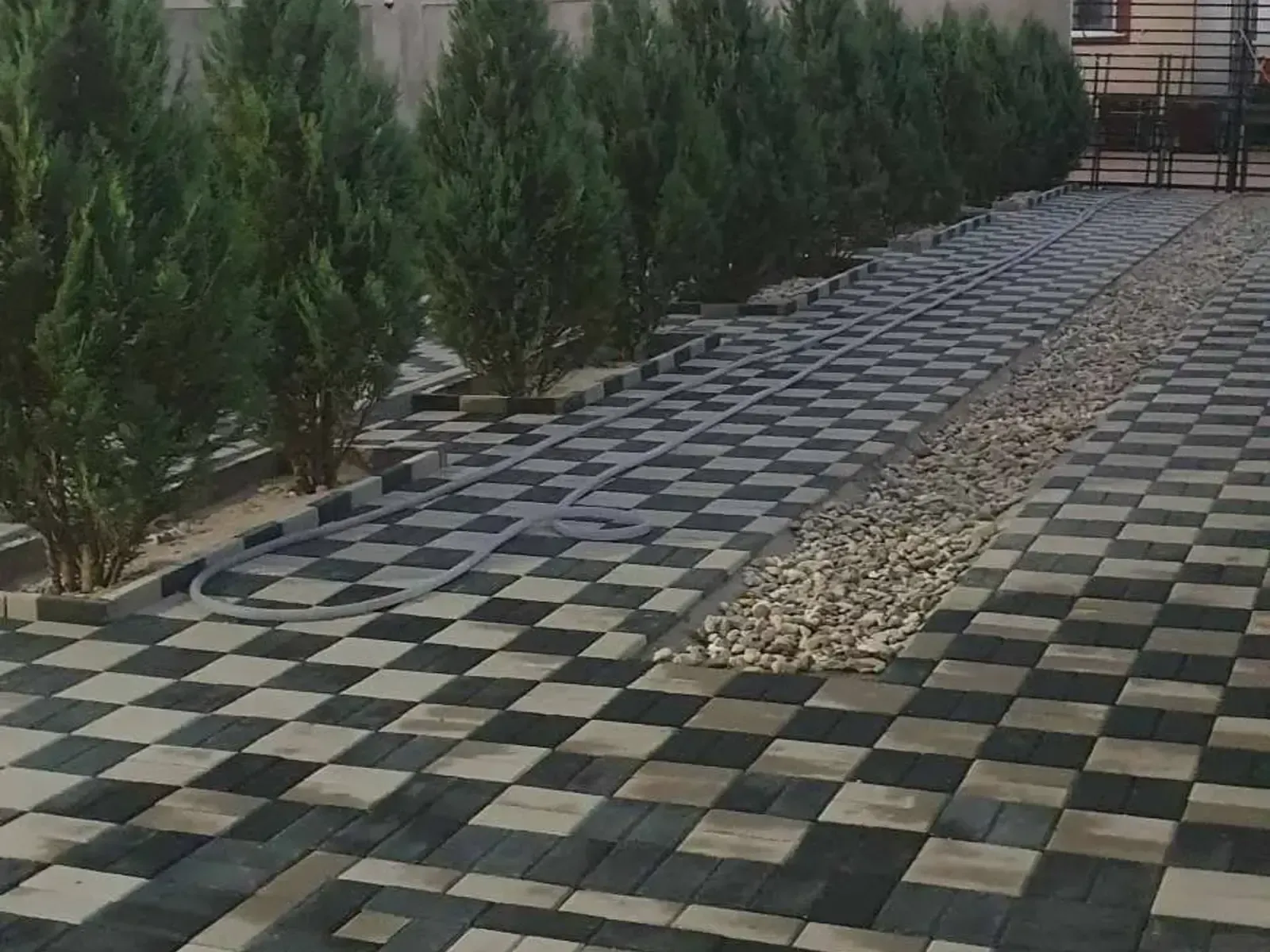 Checkerboard block paving with a gravel strip and conifers