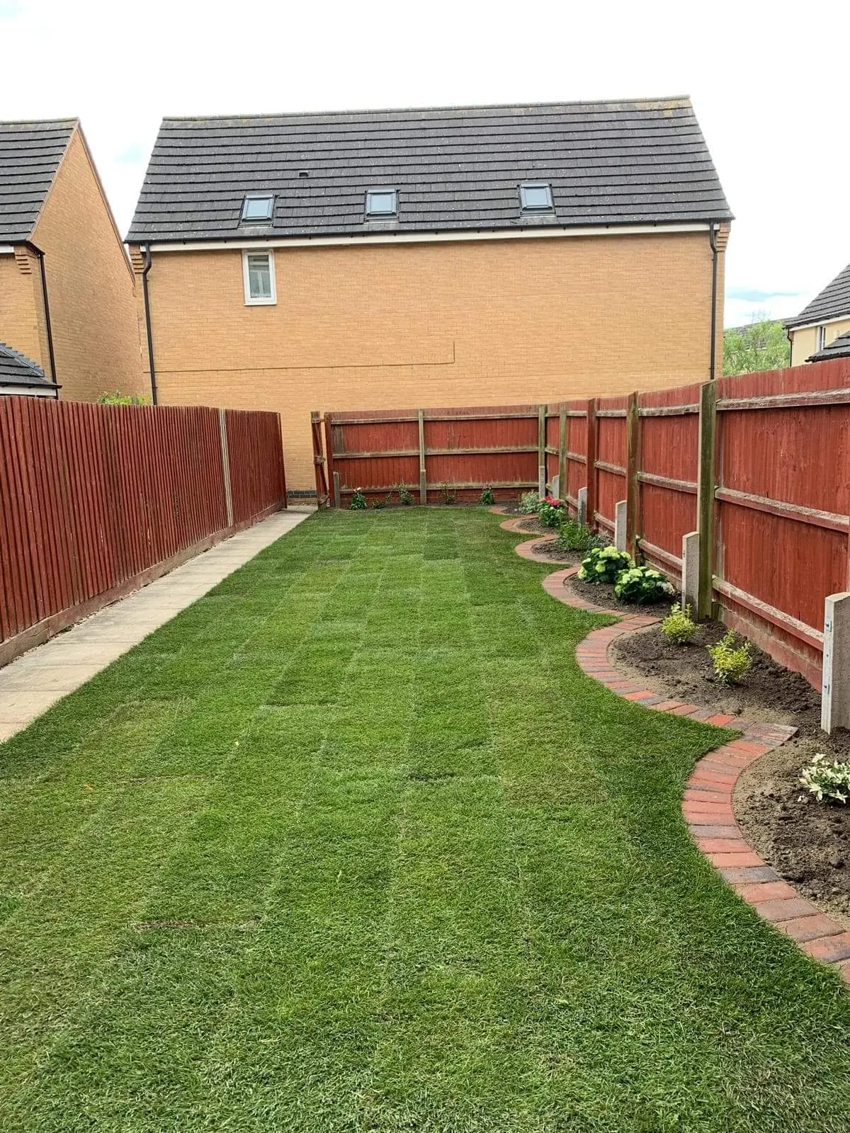 New turf lawn with a curved brick-edged border