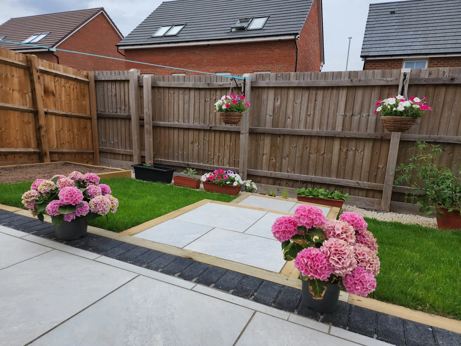 Porcelain stepping slabs across a new lawn with hydrangeas