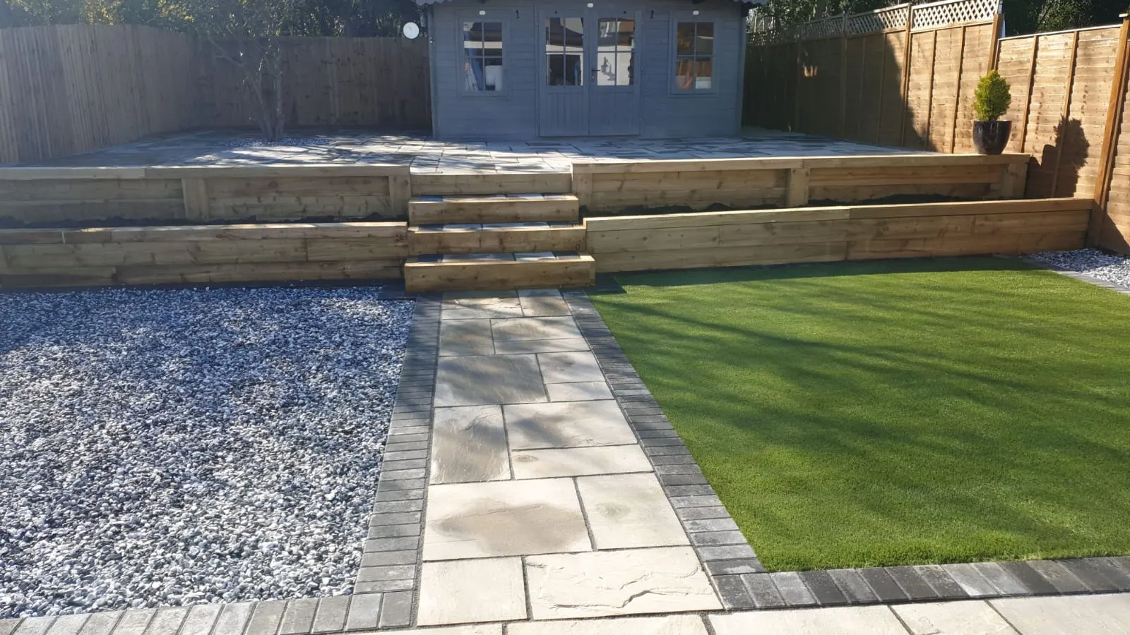 Sleeper retaining walls and steps with gravel, lawn and a slab path